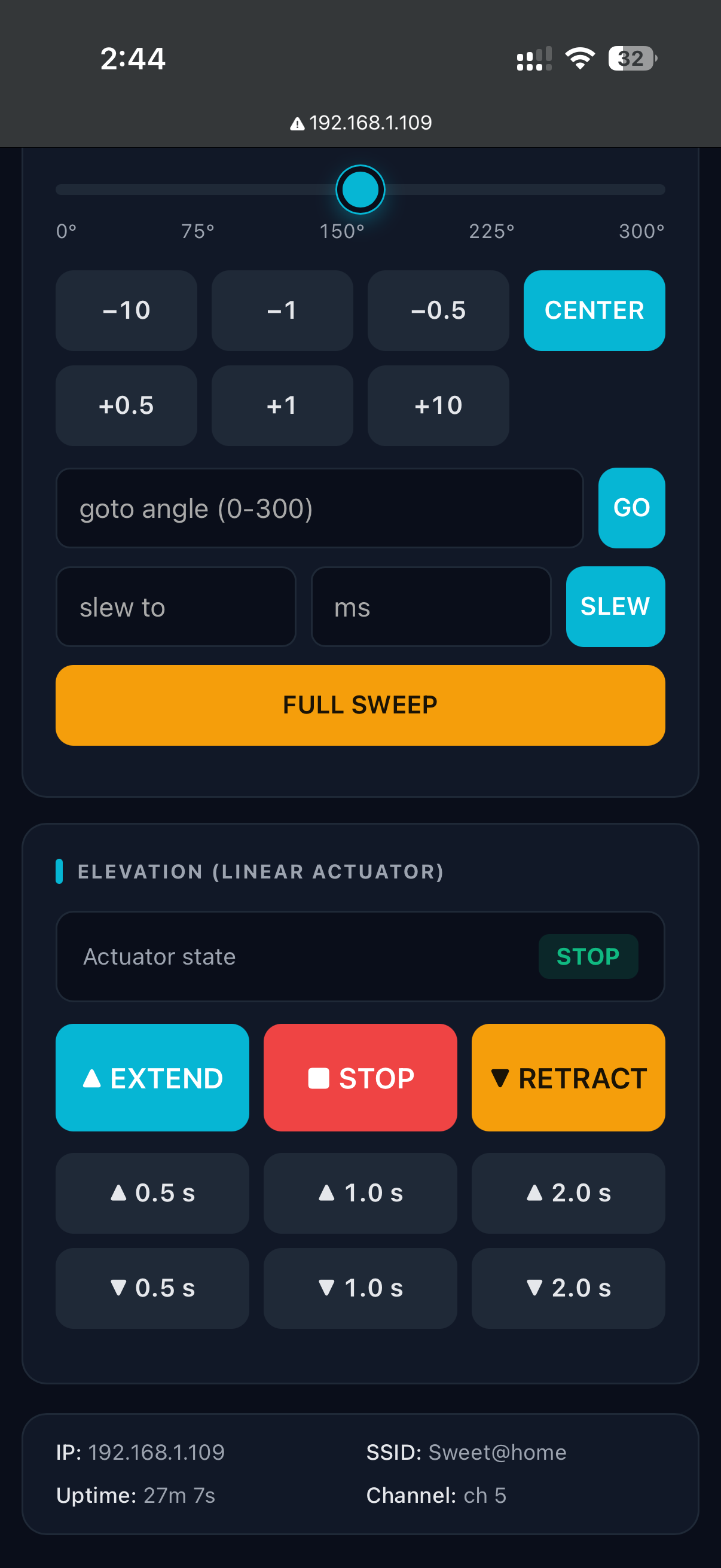 Mobile browser elevation actuator control UI